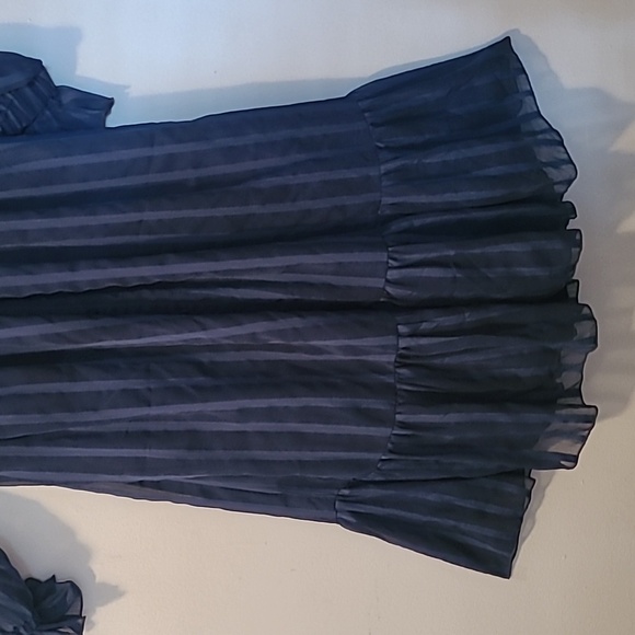 ASOS Curve Maternity Sz 12 Navy Satin Chiffon Sheer Striped Ruffles Midi Dress - Picture 6 of 16